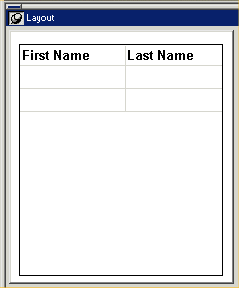 Shown is the appearance of the DataWindow control in the Layout view of the WIndow painter. The First Name and Last Name heading labels of the Data Window are visible, but the data from the data source is not visible at design time.