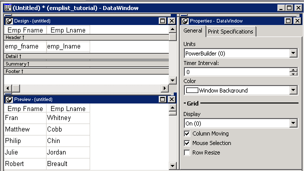 Shown is the Design view, Preview view, and Properties view of the DataWindow painter. In the Design view, the horizontal Heading band at the top includes the headings Emp F name and Emp L name. The Detail band below it displays the associated columns for the header labels, emp underscore f name and emp underscore l name.