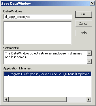 Shown is the Save Data Window dialog box. It shows the name of the Data Window you want to save, d underscore s q l g r underscore employee.