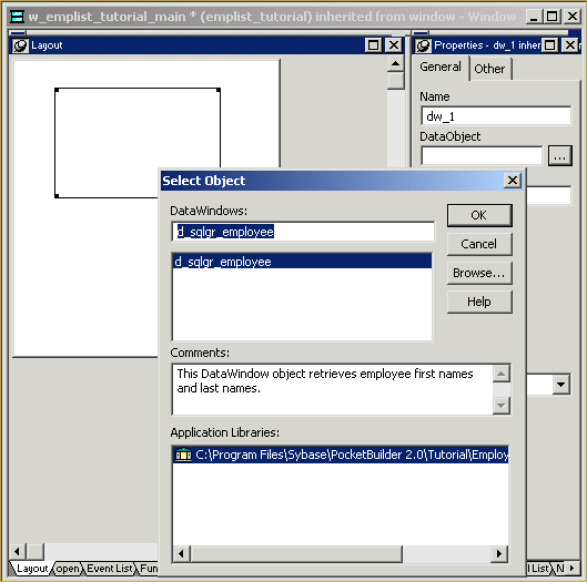 Shown is the Select Object dialog box that opens when you click the browse button next to the Data Object field in the Properties view. The Data Window named d underscore s q l g r underscore employee is listed as the default object for the Data Window control. 