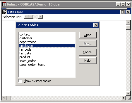 Shown is the Select Tables dialog box with the Table Layout view of the DataWindow painter open behind it. The employee table is selected in the Select Tables dialog box.