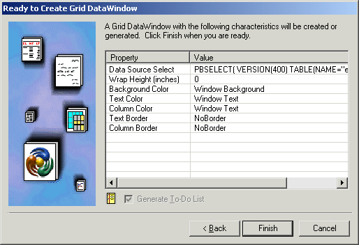 Shown is the last page of the Data Window creation wizard for a grid Data Window. It lists selections you made on previous wizard pages. 