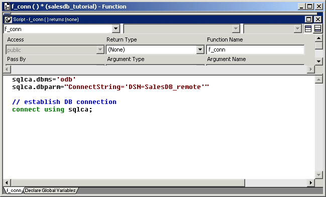 Shown is the script for the function f underscore conn.  The script sets default s q l c a connection object parameters for the data source d b m s and the d b parm connect string. After setting the connect string, it establishes a database connection by calling  "connect using s q l c a". The connection call is terminated with a semicolon.