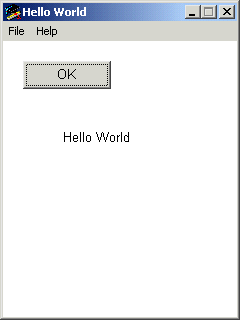 The main window shows a static text control with the words "Hello World". The only other control on the window is the O K button that you clicked to display the static text.