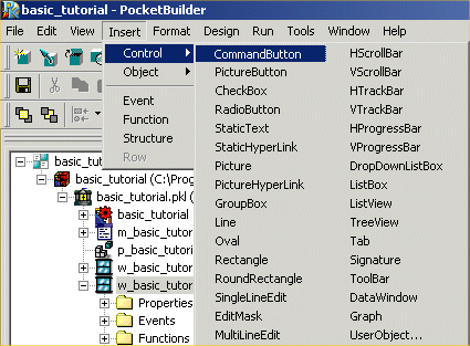 The menu cascade for inserting a command button control is displayed. It is under the Insert menu in the Window painter toolbar.