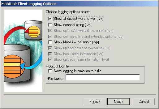 Shown is the MobiLink Client Logging Options page of the MobiLink Synchronization wizard. The check box for logging everything except the connect string and MobiLink password is selected. This check box selection corresponds to the dash v plus MobiLink logging option.