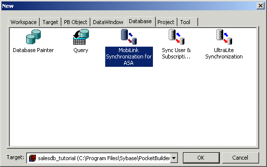 Shown is the Database tab of the New dialog box. The Mobil Link Synchronization for A S A wizard icon is selected.