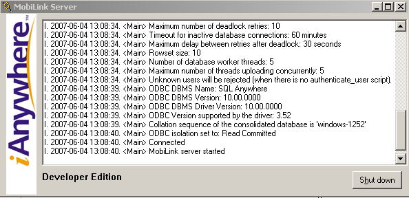 Shown is the MobiLink Server console. It indicates that the connection to the consolidated database is established and the MobiLink server is started.