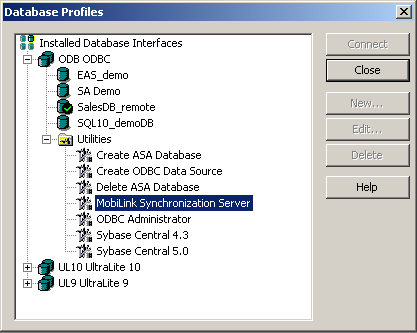 Shown is the Database Profiles painter. The selected item in the painter tree view is the MobiLink Synchronization Server. It is located under the Utilities folder for O D B O D B C connnections.