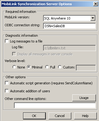 Shown is the MobiLink Synchronization Server Options dialog box that lets you start the MobiLink Server. In this dialog box you set the MobiLink server version and the O D B C connection string. For this tutorial, the connection string is D S N equals Sales D B.