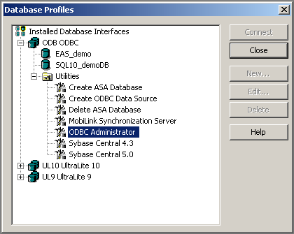 Shown is the tree view of the Database Profiles painter with the ODBC Administrator highlighted under the utilities folder for the entry O D B O D B C