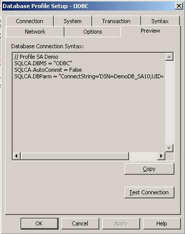 Shown is the Preview tab of the Database Profile Setup dialog box. It displays the Database Connection Syntax in a scrollable area. Below this are buttons for Copy and Test Connection.