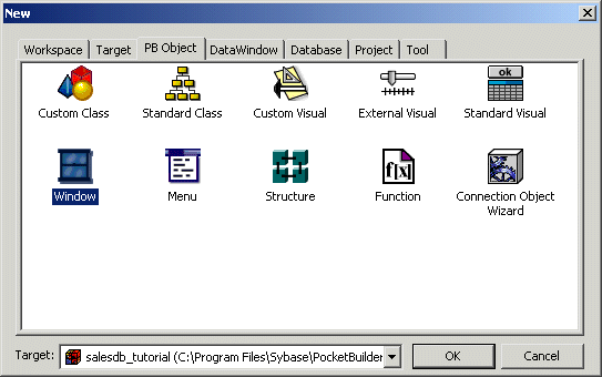 Shown is the P B Object tab of the New dialog box. The Window object icon is selected.