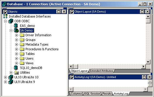 Shown is the expanded S A Demo database node in the Objects view of the Database painter. It has folders for Driver Information, Groups, Metadata Types, Tables, Users, and Views.