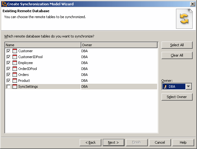 Shown is the Existing Remote Database page of the Create Synchronization Model wizard. It lets you select the tables in the remote database that you want to synchronize. All tables are selected for synchronization except the Sink Settings table (which is the last table listed). The Customer, Customer I D Pool, Employee, Order I D Pool, Orders, and Product tables are selected for synchronization.