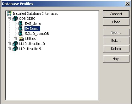 Shown is the tree view of the Database Profiles painter with the S A Demo profile highlighted under the entry O D B O D B C