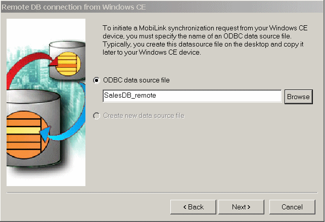 Shown is the Remote D B Connection from Windows C E page of the MobiLink Synchronization wizard. The O D B C data source file for the connection to the database from the handheld device is set to the Sales D B underscore Remote D S N file.