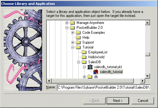 Shown is the Choose Library and Application page of the Existing Application wizard. The Sales D B underscore tutorial application is selected. It is listed under the Sales D B underscore tutorial pickle in the Sales D B directory.