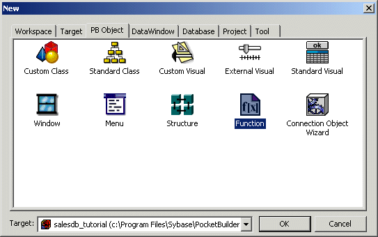 Shown is the P B Object page of the New dialog box. The Function object is selected. The target for the new object is sales d b underscore tutorial.