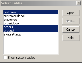 Shown is the Select Tables dialog box of the DataWindow painter. Three table names are selected: customer, orders, and product.