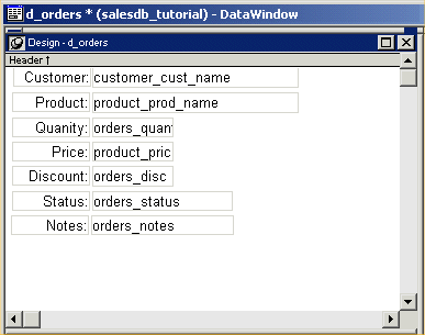 Shown is the Design view of the Data Window painter with the space reduced between the column labels and column names. The display area is reduced to permit the Data WIndow data to display without difficulty on the screen of a Pocket P C device.