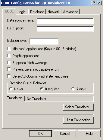 Shown is the O D B C tab of the dialog box for configuring an O D B C profile for S Q L Anywhere.