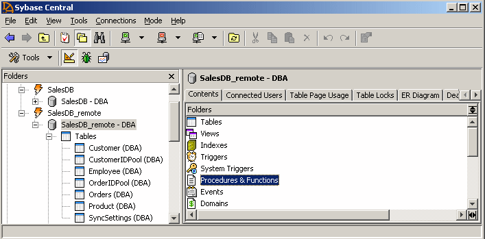 Shown is the Sales D B underscore Remote database connection in Sybase Central.