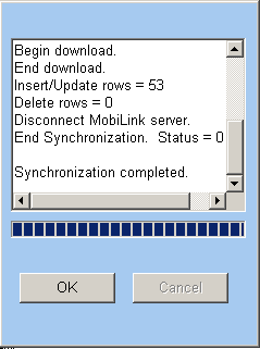 Shown is the Synchronization status window indicating the number of rows that have been inserted, updated, or deleted, and that the synchronization is complete.