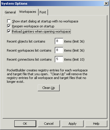 Shown is the Workspaces tab of the System Options dialog box.