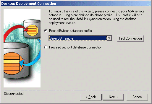 Shown is the Desktop Deployment Connection page of the MobiLink Synchronization wizard. The database profile selected is for the Sales D B underscore remote database.