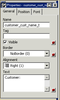 Shown is the Properties view of the header label for the customer column in the Data Window. The label text is set to Customer followed by a colon, as indicated by the entry in the text box labeled ’Text’.