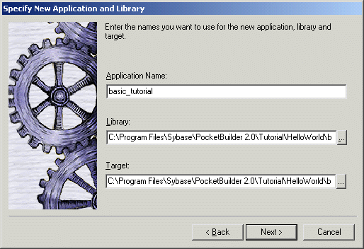 Shown is the Specify New Application page of the Pocket PC Application Creation wizard. It has fields for the application library and target names, as well as the application name.