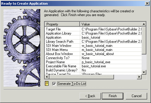 Shown is the Ready to Create Application page of the Pocket PC Application Creation wizard. It lists all the selections that you made in the wizard and has a check box to generate a to do list. The check box is selected by default.