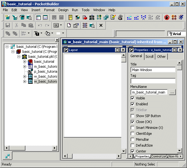 The main window for the basic underscore tutorial application displays in the Window painter. It has no controls on it. The Properties view displays some of the window properties. It is opened to the General tab.