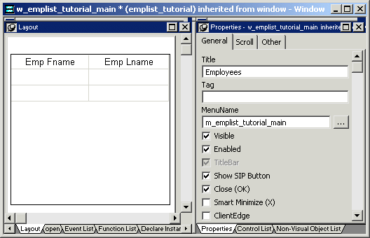 Show are the Layout and Properties views of the Window painter. The Layout view shows a Data Window control with headers, and a Properties view with a menu name selected.