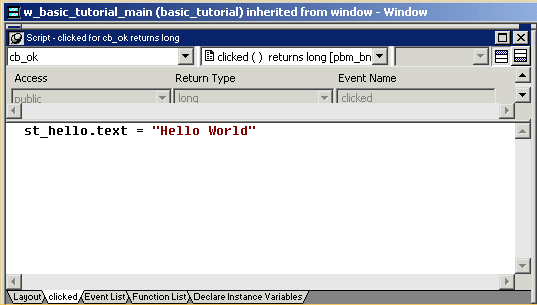The Script view for the O K button shows the code: s t underscore hello dot text equals Hello World in quotes.