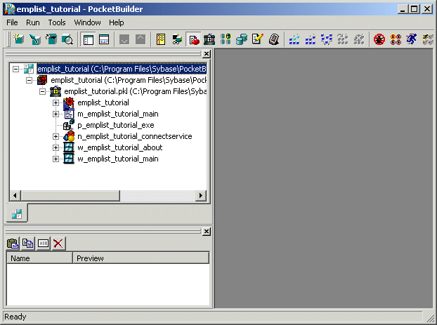 Shown is the System Tree. The emp list underscore tutorial pibble library displays under the emp list underscore tutorial target iand it contains the target Application object. Other objects generated by the wizard also display under the library file.