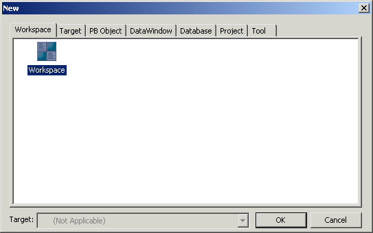 Shown is the Workspace page of the New dialog box. The only icon displayed on this page allows you to create a new workspace.