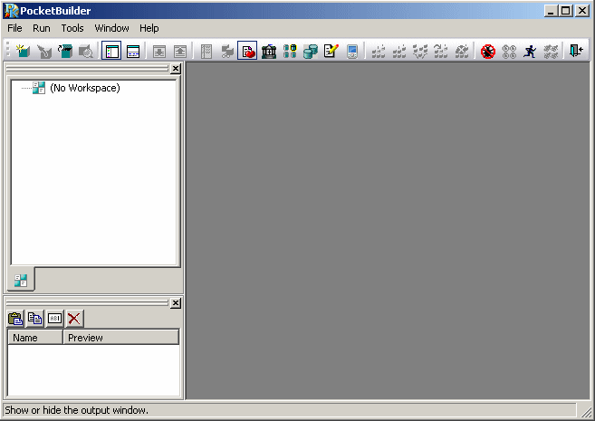 Shown is the PowerBuilder development environment. At top is a menu bar with the options File, Run, Tools, Window, and Help. Below this is a tool bar, then, at left, is a System Tree area with only a top-level entry that says No Workspace. At bottom left is a blank clip window with icons and columns for Name and Preview. At right is a large blank work area.