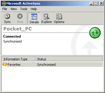 Shown is the Active Sink utility from Microsoft. It indicates that the Pocket P C device is connected.