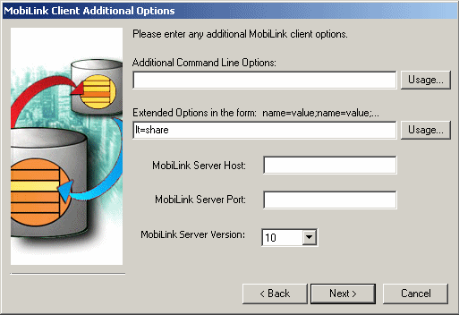 Shown is the MobiLink Client Additional Options page of the MobiLink Synchronization wizard. The Extended Option L T equals Share is set on this page. The MobiLink server version is set to 10.