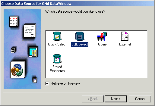 Shown is the Choose Data Source page for the Data Window creation wizard. The Sequel Select data source is selected. The Retrieve on Preview check box is also selected.