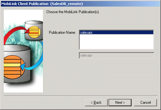 Shown is the  MobiLink Client Publication page of the MobiLink Synchronization wizard. It lists the publications in the Sales D B underscore remote database. For this database, there is only one publication. The name of thiis publication, sales a p i, is selected for synchronization.
