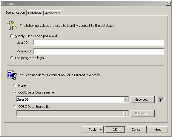 Shown is the Connect dialog box for connection to a Sequel Anywhere database. The O D B C Data Source Name radio button is selected and Sales D B is selected as the data source for the connection.