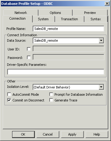 Shown is the Database Profile Setup dialog box for an O D B C connection. The name of the profile defined by the dialog box is Sales D B underscore remote. This is also the name for the data source. The check boxes for the User I D and Password have been cleared.