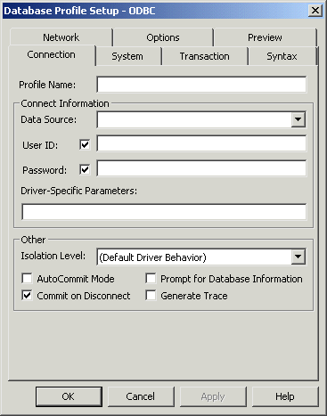 Shown is the Database Profile Setup dialog box of the Database Profile painter. The Connection tab has fields for the profile name, data source, user I D and password.