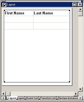 Shown is the appearance of the DataWindow control in the Layout view of the WIndow painter. The First Name and Last Name heading labels of the Data Window are visible, but the data from the data source is not visible at design time.