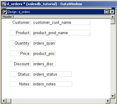 Shown is the Design view of the Data Window painter. The column labels display on the left, and the column names display on the right. The column labels are: Customer, Product, Quantity, Price, Discount, Status, and Notes.