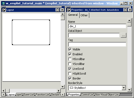 Shown are the Layout and Properties views of the Window painter. An empty box appears for the Data Window control in the Layout view. The name of the Data Window control in the Properties view is d w underscore 1.