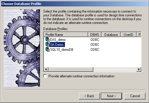 Shown is the Choose Database Profile page of the Pocket P C Application Creation wizard. The S A Demo database profile is selected in the Database Profiles list box.